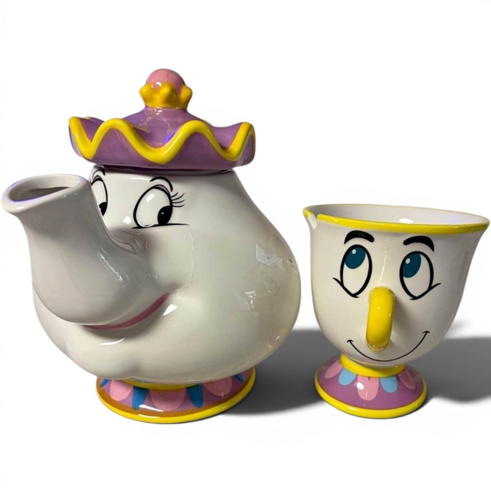 Flawed Gem! Disney Beauty and the Beast Mrs Potts Teapot Chip Teacup Ceramic Set